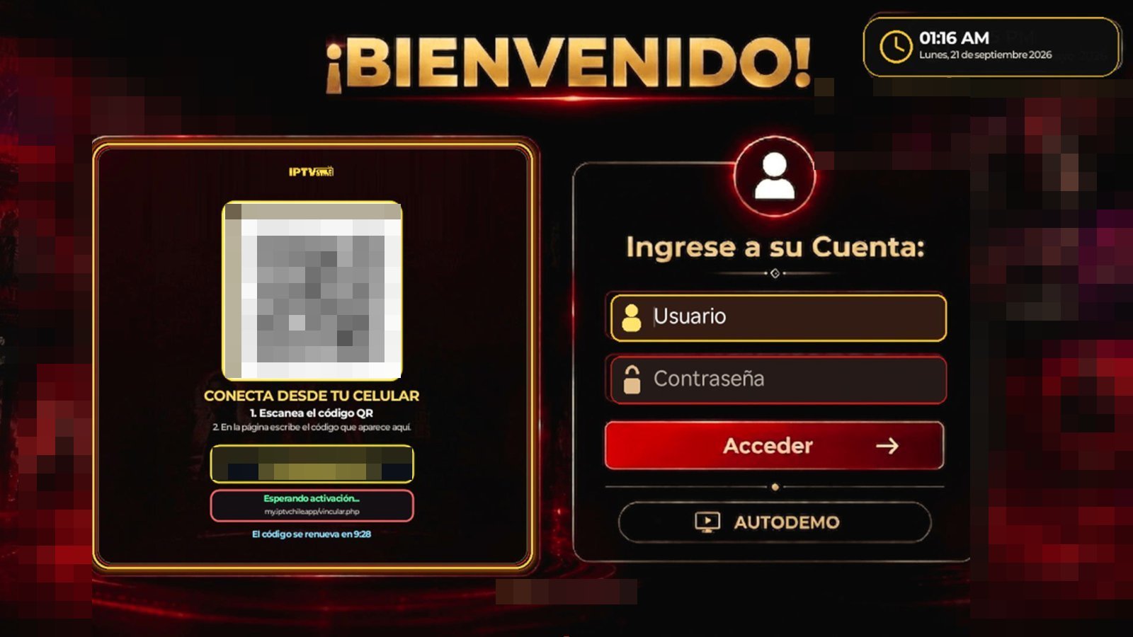 Pantalla de activación de IPTV Chile en Roku con código QR